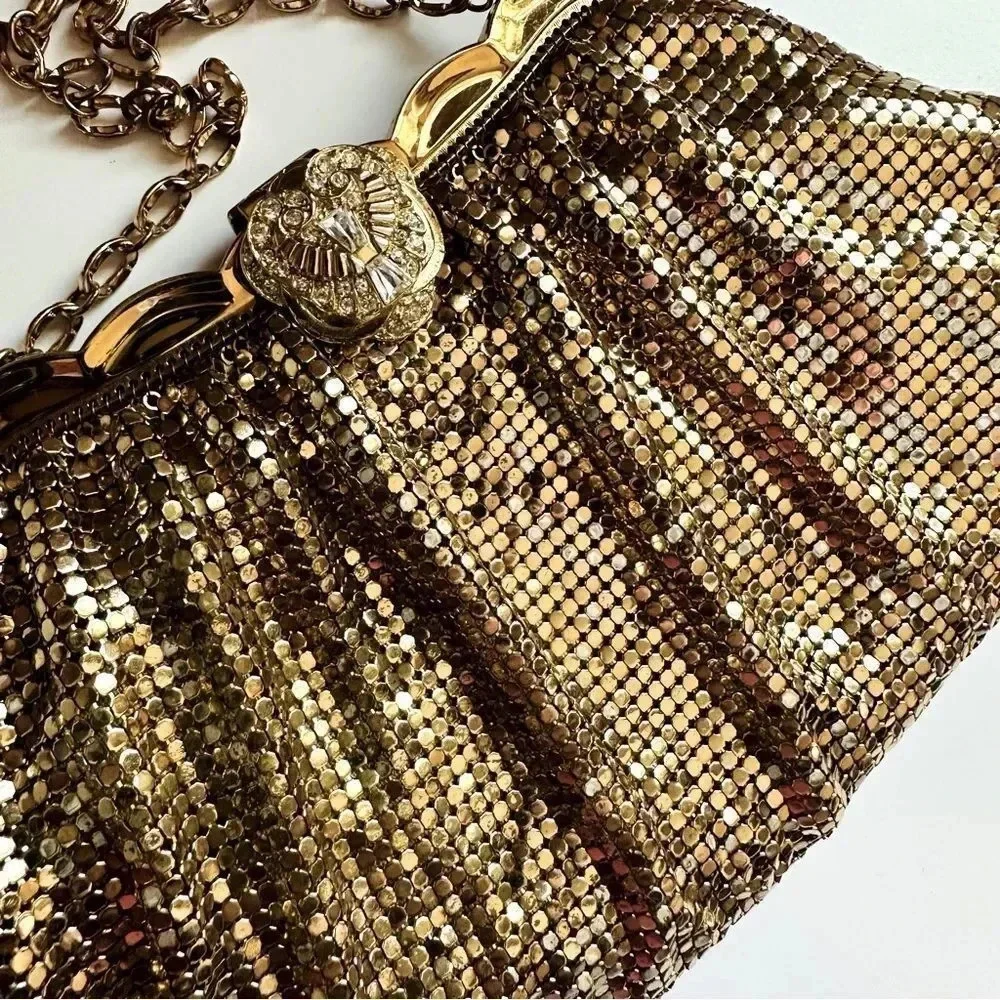 Whiting & Davis Co Vintage Golden Mesh Bag With Rhinestone/Jeweled Clasp
